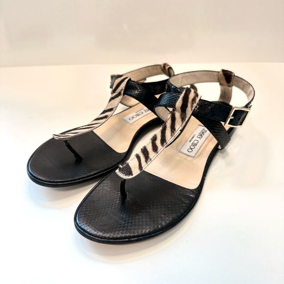 Jimmy Choo Zebra Haircalf & Black Leather Sandals – Size 38.5 – Made in Italy - Picture 1 of 9